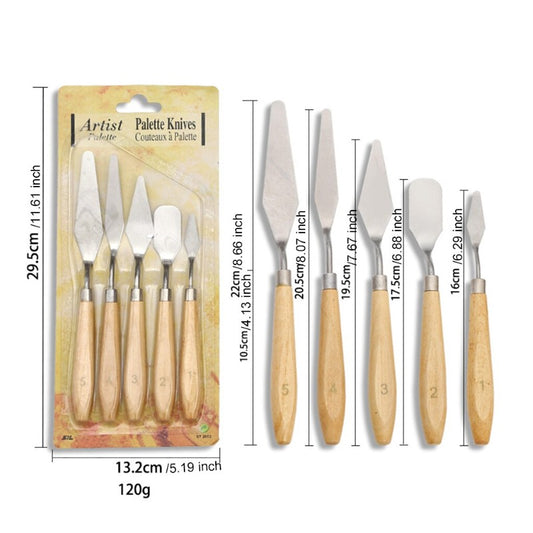 5Pcs Set Stainless Steel Palette Knife Wooden Flat Tip Scraper