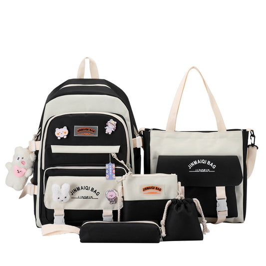 5Pcs Girls Backpack Set Nylon Waterproof Large Capacity Student School Bag