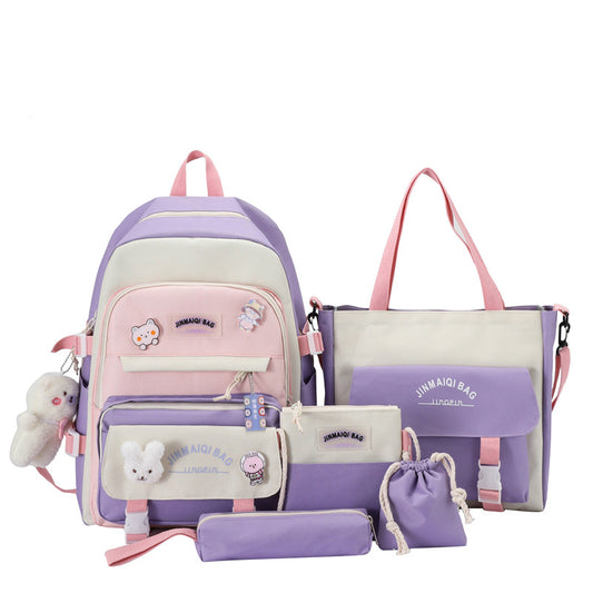 5Pcs Girls Backpack Set Nylon Waterproof Large Capacity Student School Bag