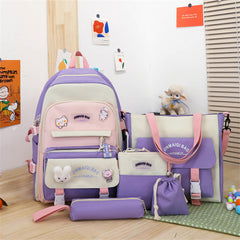 5Pcs Girls Backpack Set Nylon Waterproof Large Capacity Student School Bag
