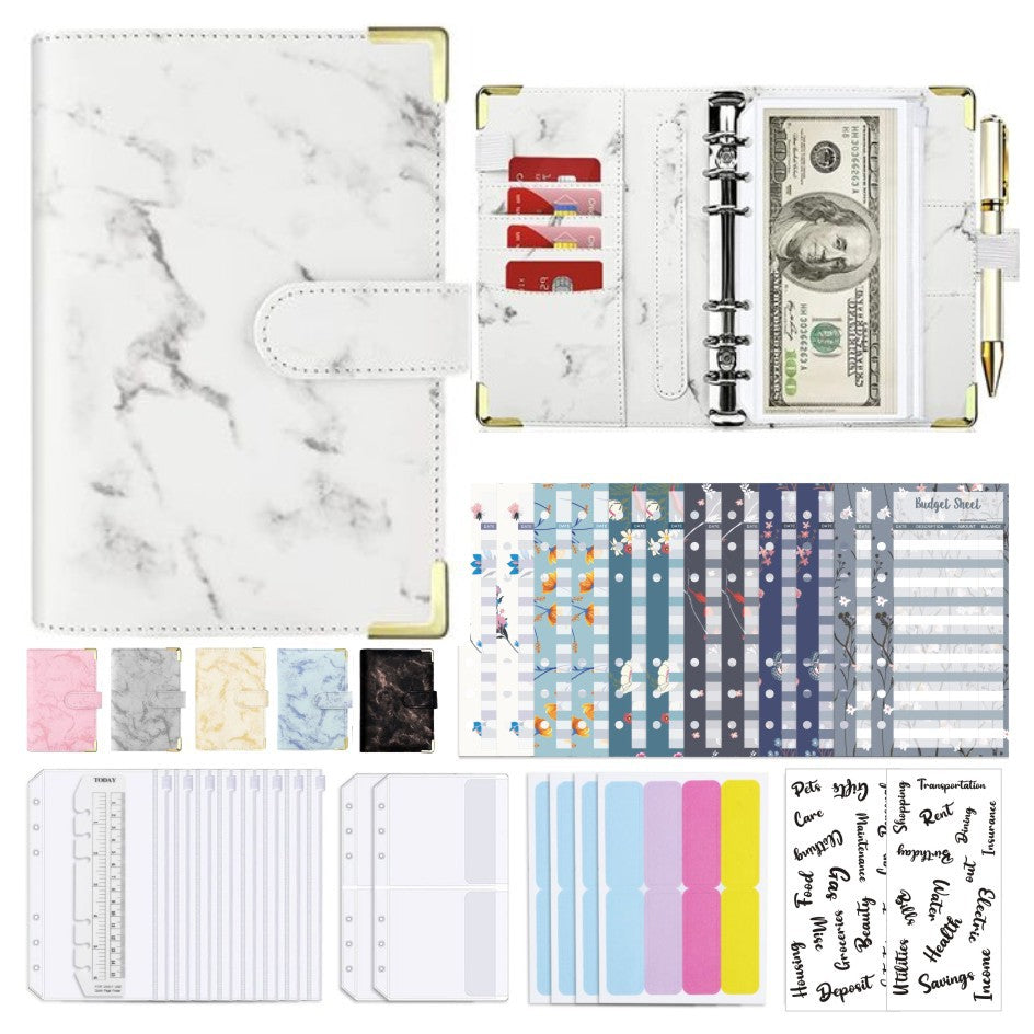 PU Leather Marble A6 Binder Set with Zipper Cash Envelopes Binder Pockets Expense Budget Sheets Label Stickers