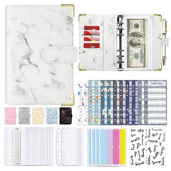 PU Leather Marble A6 Binder Set with Zipper Cash Envelopes Binder Pockets Expense Budget Sheets Label Stickers