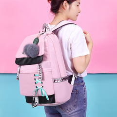 Waterproof Printed Travel Backpack Children School Bags With USB Charge Port Bowknot Fur Ball