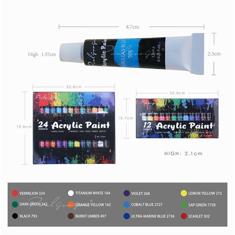 12/24 Color Acrylic Paint Set For Fabrics Painting Clothing Pigments Non-Fading Non-Toxic Professional Artist Painting 12Ml