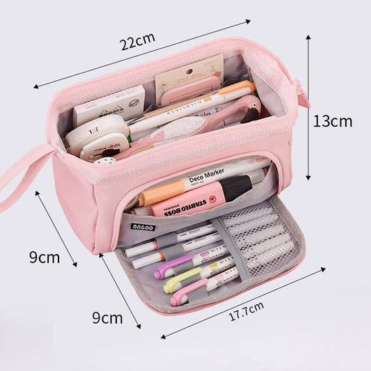 Large Capacity Multifunctional Pencil Bags Double Layer Canvas Portable Stationery Box