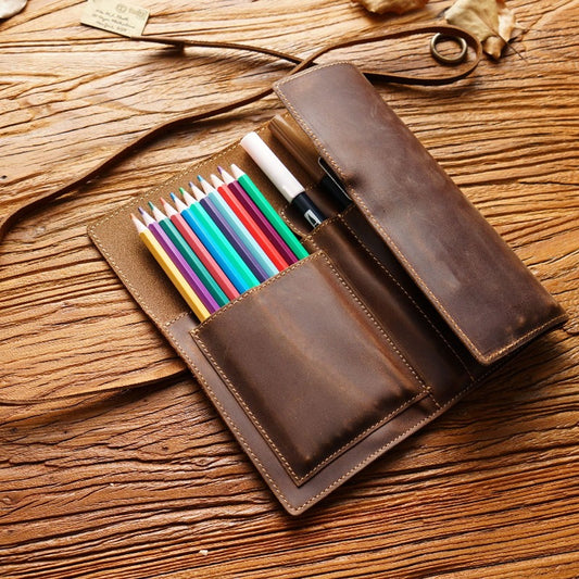 Multifunction Pencil Case Genuine Leather Tie Rope Pens Bag Stationery Storage Bags