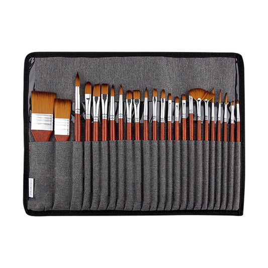 25Pcs Wooden Handle Nylon Bristle Artist Painting Brush Set with Canvas Bag