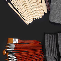 25Pcs Wooden Handle Nylon Bristle Artist Painting Brush Set with Canvas Bag