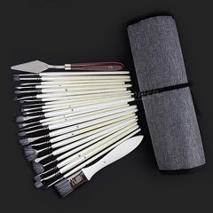 25Pcs Wooden Handle Nylon Bristle Artist Painting Brush Set with Canvas Bag