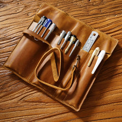 Retro First Layer Cowhide Pen Curtain Multi-functional Leather Pen Bag Pencil Cases