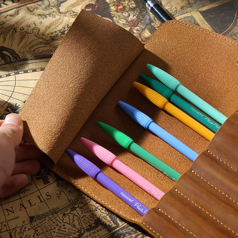 Vintage Cow Leather Pencil Case Roll Retro Pencil Bag