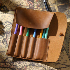 Vintage Cow Leather Pencil Case Roll Retro Pencil Bag