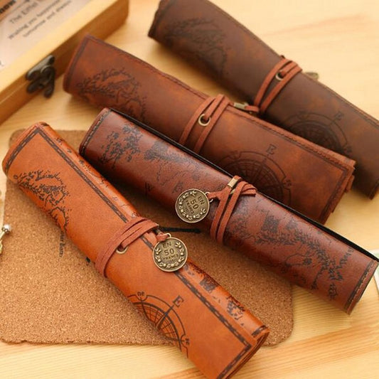 Vintage Retro Treasure Map Canvas Leather Pencil Pouch Stationery Storage Bags