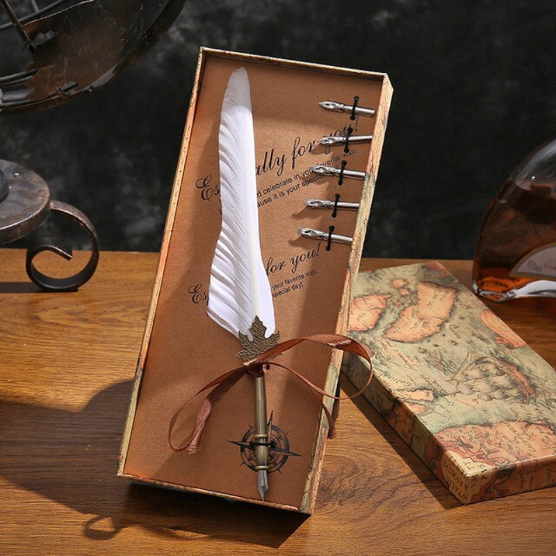 English Calligraphy Feather Dip Pen Classical Fountain Pen 1Set Feather Pen Box with 5 Nib Stationery Gift Wedding Gift Creative