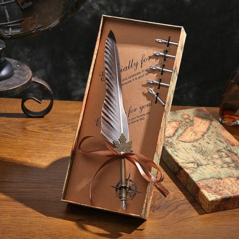 English Calligraphy Feather Dip Pen Classical Fountain Pen 1Set Feather Pen Box with 5 Nib Stationery Gift Wedding Gift Creative