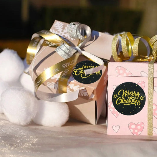 500pcs/roll Rose Gold Merry Christmas Stickers Round Labels Kraft Paper Xmas Gifts Box Labels Decorations New Year Sealing Label Stickers For Party DIY Packaging Stationery Stickers