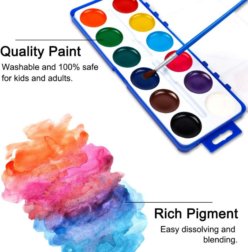 12 Colors Watercolor Paint Set Washable Watercolor Paint Set with Paint Brushes For Kids and Adults Drawing Coloring Painting, Washable Paint for Classroom, Parties, Kindergarten and Art Activities