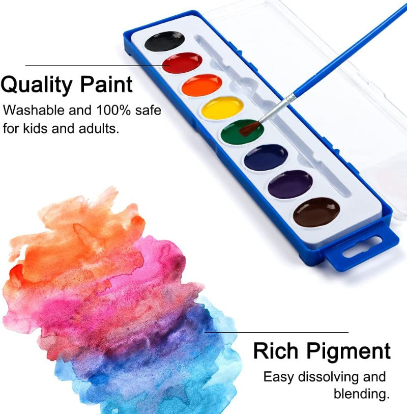 8 Colors Watercolor Paint Set Washable Watercolor Paint Set with Paint Brushes For Kids and Adults Drawing Coloring Painting, Washable Paint for Classroom, Parties, Kindergarten and Art Activities