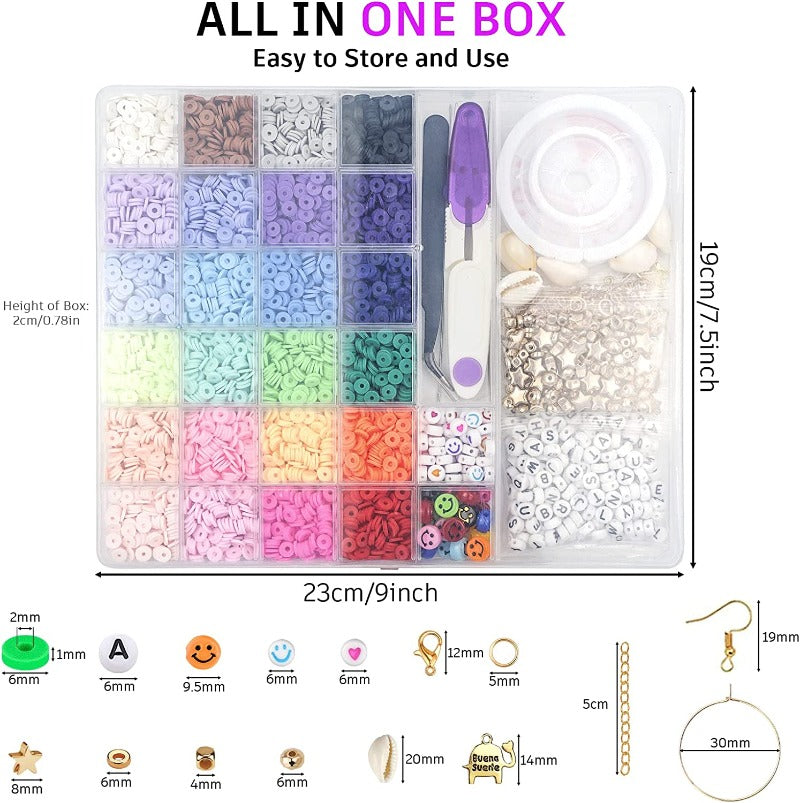 6000 Pcs 6MM Polymer Clay Beads Set 24 Rainbow Color Flat Chip Beads with Pendant Charms Kit and Elastic Strings for Jewelry Making Kit Bracelets Necklace For Boho Bracelet Necklce Making Letter Beads Accessories Kit DIY