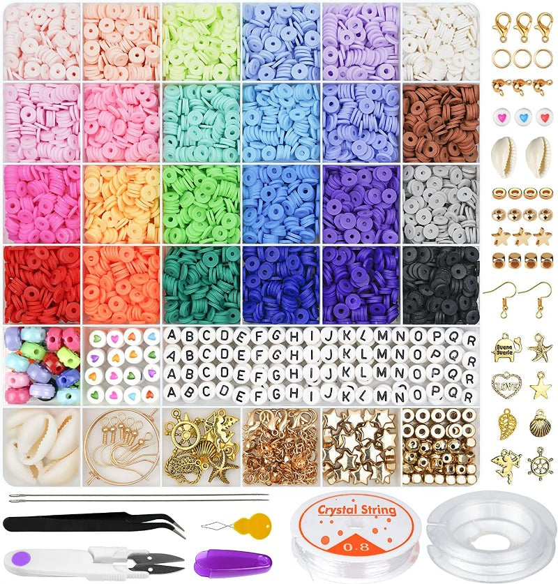 6000 Pcs 6MM Polymer Clay Beads Set 24 Rainbow Color Flat Chip Beads with Pendant Charms Kit and Elastic Strings for Jewelry Making Kit Bracelets Necklace For Boho Bracelet Necklce Making Letter Beads Accessories Kit DIY