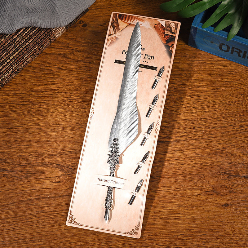 Silver Feather Pen + Metal 5Pcs Nibs Set Retro Gold Feather Fountain Pen Student Office Supplies Fountain Pen Birthday Gift