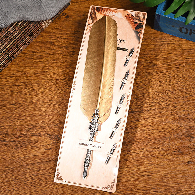 Silver Feather Pen + Metal 5Pcs Nibs Set Retro Gold Feather Fountain Pen Student Office Supplies Fountain Pen Birthday Gift