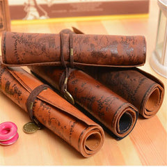 1Pcs Vintage Roll Up Pencil Case Creative Map Matte Smooth Cover Pencil Pouch Art Makeup Cosmetic Pouch with Pendant for Business School Gifts
