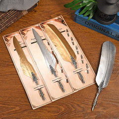 Silver Feather Pen + Metal 5Pcs Nibs Set Retro Gold Feather Fountain Pen Student Office Supplies Fountain Pen Birthday Gift
