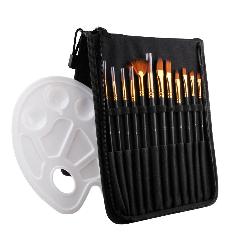 14 Pcs Nylon Paint Brushes Set Art Painting Brushes Professional Oil Watercolor Paint brush Set with 12 Pcs Painting Brushes + 1Pcs Color Palette+ 1Pcs Pencil Case, Art Supplies