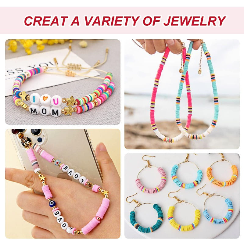 6000 Pcs 6MM Polymer Clay Beads Set 24 Rainbow Color Flat Chip Beads with Pendant Charms Kit and Elastic Strings for Jewelry Making Kit Bracelets Necklace For Boho Bracelet Necklce Making Letter Beads Accessories Kit DIY