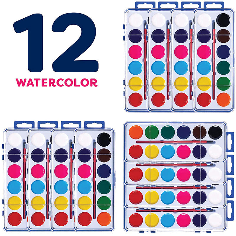12 Colors Watercolor Paint Set Washable Watercolor Paint Set with Paint Brushes For Kids and Adults Drawing Coloring Painting, Washable Paint for Classroom, Parties, Kindergarten and Art Activities