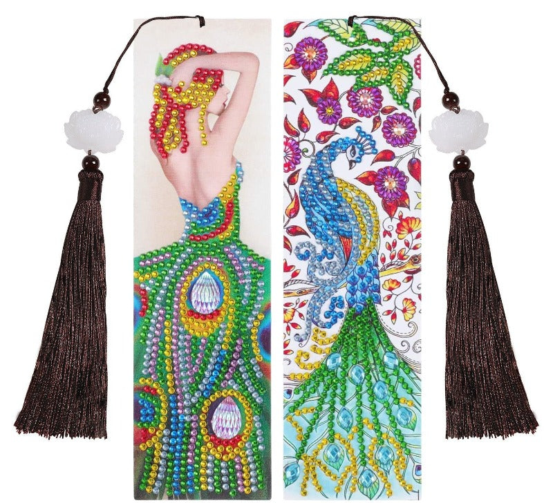 DIY Diamond Painting Bookmarks 2Pcs Diamond Embroidery Mosaic Cross Stitch Kit Butterfly Peacock Leather Tassel Book Marks Gift
