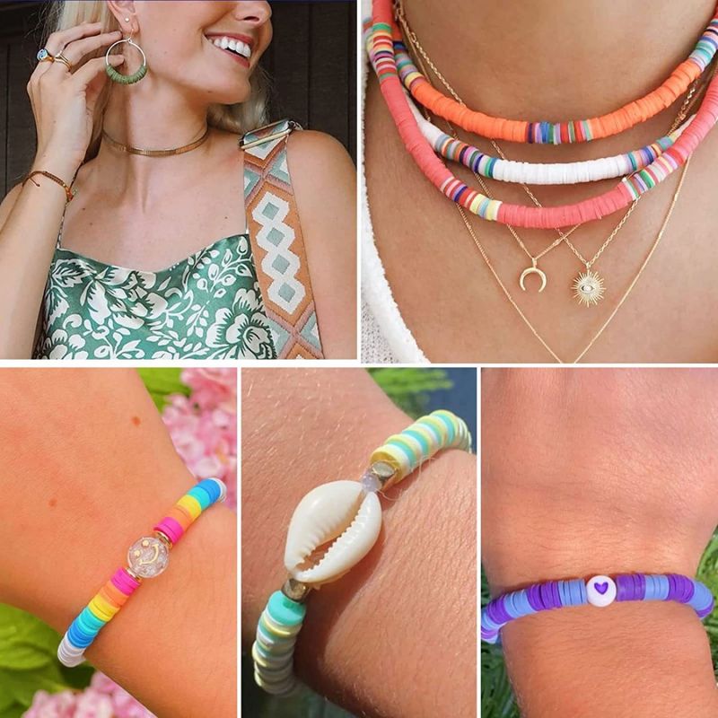 6000 Pcs 6MM Polymer Clay Beads Set 24 Rainbow Color Flat Chip Beads with Pendant Charms Kit and Elastic Strings for Jewelry Making Kit Bracelets Necklace For Boho Bracelet Necklce Making Letter Beads Accessories Kit DIY