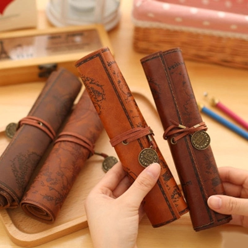 4 Pieces PU Leather Rollup Pen Bag, Vintage Creative Map Pencil Case, Matte Smooth Cover Storage Pouch Holder Organizer, Art Makeup Cosmetic Pouch, Soft Wrap Bag Stationery Gift