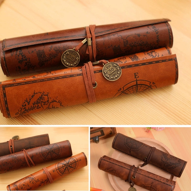 4 Pieces PU Leather Rollup Pen Bag, Vintage Creative Map Pencil Case, Matte Smooth Cover Storage Pouch Holder Organizer, Art Makeup Cosmetic Pouch, Soft Wrap Bag Stationery Gift