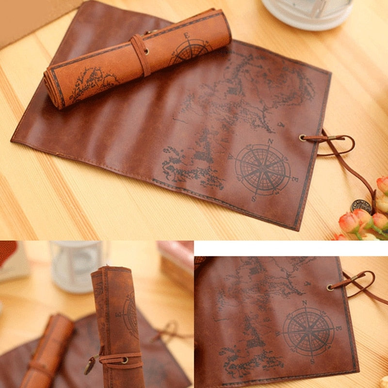 4 Pieces PU Leather Rollup Pen Bag, Vintage Creative Map Pencil Case, Matte Smooth Cover Storage Pouch Holder Organizer, Art Makeup Cosmetic Pouch, Soft Wrap Bag Stationery Gift