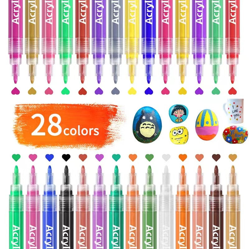 Acrylic Paint Markers 28 Color Pens Set 0.7mm Extra Fine Tip for Stones Glass Porcelain Canvas DIY Projects Quick Drying Art