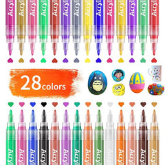Acrylic Paint Markers 28 Color Pens Set 0.7mm Extra Fine Tip for Stones Glass Porcelain Canvas DIY Projects Quick Drying Art