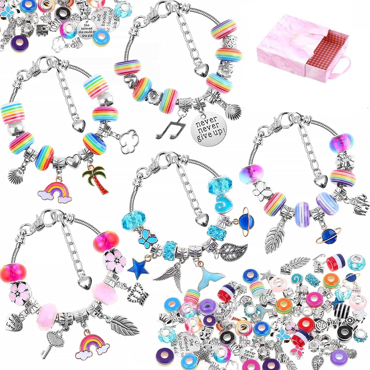 Bracelet Making Kit 130 Pcs DIY Jewelry Making Kit Children DIY Handmade Toy with Bracelet,Pendant,Beads,Charms and Necklace String for Bracelets Craft & Necklace Making,for Teen Girl Gifts Ages 3-13
