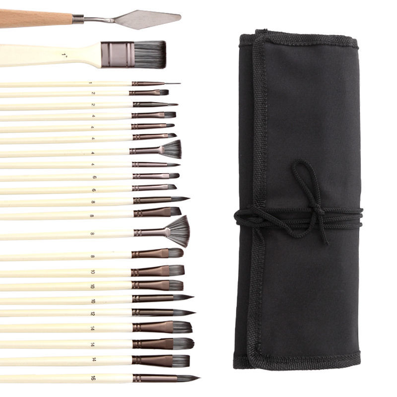 24 pcs/set Nylon Hair Watercolor Paint Brush Pen Acrylic Painting Art Paint Brushes Wooden Handle Scrubbing Scraper Acrylic Painting Art Brushes Supplies
