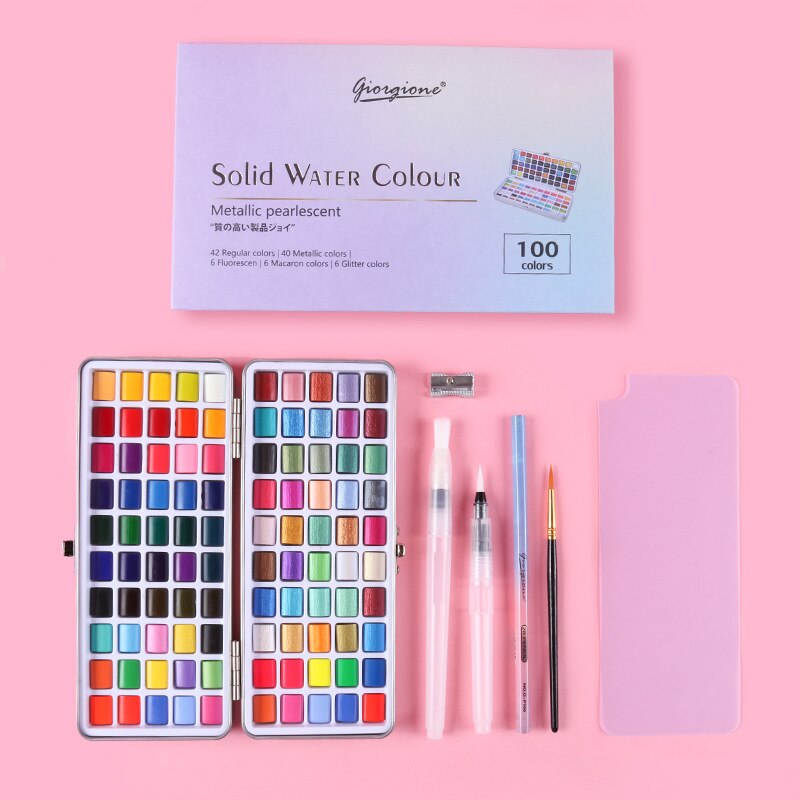 Water Color Paint Set Solid Glitter Metallic Watercolor Paint Set With Box with Metal Ring and Watercolor Brush For Students Watercolor Kit Travel Painting Supplies Painter Gifts Supplies